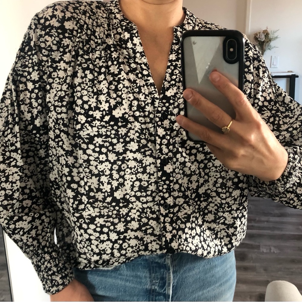 Apiece Apart Yerba Black and White Floral Button Up Cotton Blouse XS
